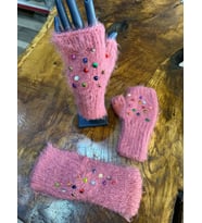 EL ÖRGÜSÜ PARİS YUMUŞAK SAÇ BANDI ELDİVEN PULLU SET (Pembe)