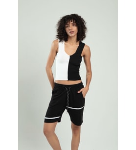 Sifu Tekstil İki Renkli Kadın Spor Askılı V Yaka Yığma Desen Triko Atlet Crop Top Bluz SFYZ1004 (Siyah - Beyaz)