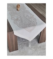 Imren Lüks Natür Keten Ve Nakış Özel Tasarım Runner Masa Ve Dekoratif Sunum Örtüsü Çeyizlik (Kahverengi Açık)