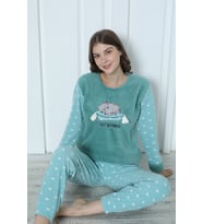 Fawn 5006 Peluş Welsoft Polar Kışlık Yumoş Kadın Pijama Takımı Uyuyan Kedili 3317 (Yeşil)