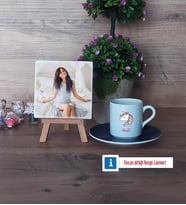 Unicorn Fotoğraflı Dekoratif Taş, Ahşap Altlıklı Türk Kahvesi Fincanı Hediye (Model 4)