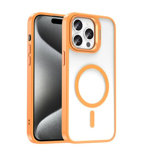 Vendas iPhone 15 Pro Kılıf Magsafe Wireless Şarj Özellikli Standlı Zore Magsafe Klon Lensli Kapak (Turuncu)