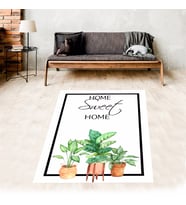 Yeşil Yaprak Desenli Home Sweet Home Dijital Baskılı Kaymaz Yıkanabilir Leke Tutmaz Mutfak Halısı (Beyaz)