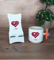 Love Sevgili Hediye Sepeti Kupa Bardak T Kulplu ve Ahşap Telefon Standı Sevgiliye Sevgililer Günü Hediyesi (Model 7)