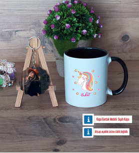 Unicorn Kupa Bardak Beyaz ve Fotoğraflı Ahşap Anahtarlık Hediye (Model 11)