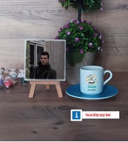 Blogger Fotoğraflı Dekoratif Taş, Ahşap Altlıklı Türk Kahvesi Fincanı Hediye (Model 5)