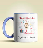 Kişiye Özel Müşteri Hizmetleri Tasarımlı Turuncu Kupa Bardak (Mavi)