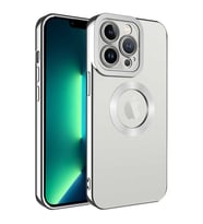 Apple iPhone 14 Pro Kılıf Logo Yeri Açık Kamera Lens Korumalı Renkli Kenarlı Şeffaf Silikon (Gümüş)
