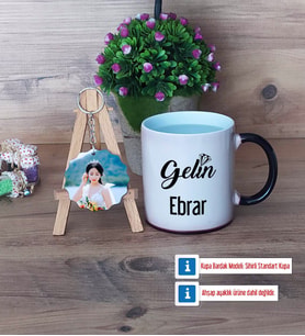Gelin Kupa Bardak Beyaz ve Fotoğraflı Ahşap Anahtarlık Hediye (Model 9)