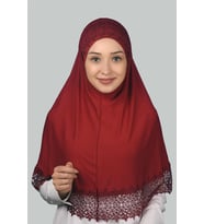 İkili Set Dantelli Pratik Eşarp Hazır Hijab ve Tesettür Bonesi XL (Bordo)
