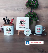Diyaliz Teknikeri Hediye Seti Dekoratif Taş, Kalemlik, Ahşap Altlıklı Türk Kahvesi Fincanı, Ahşap Anahtarlık Hediye Diyaliz Teknikerine Hediye (Model 7)