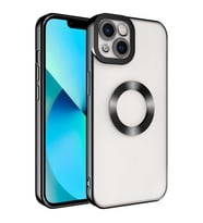 Apple iPhone 14 Plus Kılıf Case, Logo Showing Serisi, Şeffaf, Kamera Korumalı, Logo Gösteren Renkli Çizgi Tasarım (Siyah)