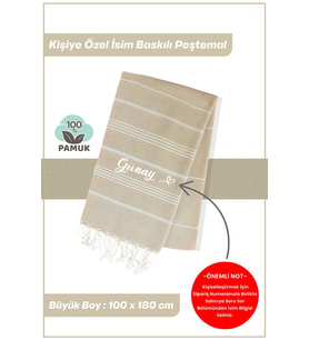giftcrea Kişiselleştirilebilir İsim Baskılı Peştemal Yerli Pamuk 100x180cm (XL) Peştamal ve Plaj Havlusu (Bej)