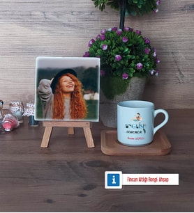 İngilizce Öğretmeni Fotoğraflı Dekoratif Taş, Ahşap Altlıklı Türk Kahvesi Fincanı Hediye Öğretmen Günü Hediyesi (Model 1)