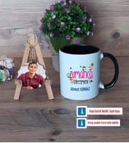 Almanca Öğretmeni Kupa Bardak Beyaz ve Fotoğraflı Ahşap Anahtarlık Hediye (Model 11)