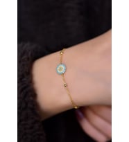 925 Ayar Gümüş Gold Kaplama Top Zincirli, Zirkon Taşlı Minimal Nazar Bileklik (Firuze)