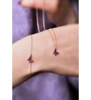 925 Ayar Gümüş Rose Kaplama Zirkon Taşlı Mini Kelebek Kolye Ve Bileklik Set (Fuşya)