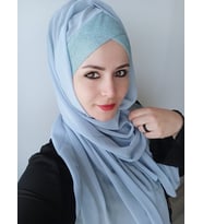 Kadın Tesettür Tek Bantlı Simli Hazır Trend Şal (Bebek Mavisi)