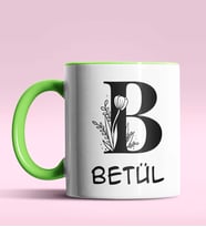 Kişiye Özel B Harfi Romantik Tasarım Siyah Renk Kupa (Yeşil)