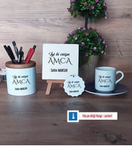 Amcaya Hediye Hediye Seti Dekoratif Taş, Kalemlik, Ahşap Altlıklı Türk Kahvesi Fincanı, Ahşap Anahtarlık Hediye (Model 4)