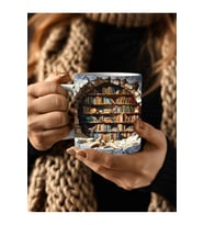 Kitaplık Kütüphane Baskılı 3D Tasarım Seramik Kupa Mug - Hediyelik Kupa Bardak (34)