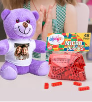Kişiye Özel Peluş Mor Ayıcık Ve Renkli Micro Blocks Lego (Kırmızı)