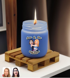 BK Gift Kişiye Özel DTF Best Friend Karikatürlü Renkli Cam Kavanozda Kokulu Mum-1(13 Renk Seçeneği), Arkadaşa Hediye, Doğum Günü Hediyesi (Mavi)