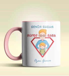 Kişiye Özel Benim Babam Süper Baba Tasarımlı Siyah Kupa Bardak (Pembe)