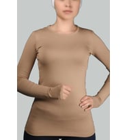 Uzun Kol Bisiklet Yaka Likralı Penye Kadın Body (Koyu Bej)