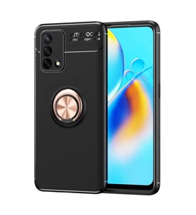 Oppo A74 4G Kılıf Mıknatıslı Yüzüklü Standlı Yumuşak Silikon Kapak Ravel (Siyah-Rose Gold)