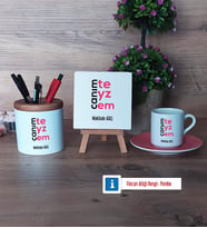 Teyzeye Hediye Hediye Seti Dekoratif Taş, Kalemlik, Ahşap Altlıklı Türk Kahvesi Fincanı Hediye (Model 6)