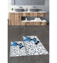EVDEYA 3D Kelebek Desenli Yıkanabilir Silinir İkili Banyo Halısı Paspas Klozet Takımı, KLOZET-45-KAHVE, (Mavi)