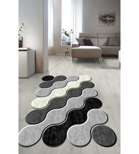 Dijital Baskılı Kaymaz Taban Yıkanabilir Lazer Kesim Salon Halısı Yolluk NLZR-HT-1222 (Gri - Siyah - Beyaz)