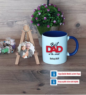 Babaya Hediye Kupa Bardak Beyaz ve Fotoğraflı Ahşap Anahtarlık Hediye Babaya Doğum Günü Hediyesi (Model 3)