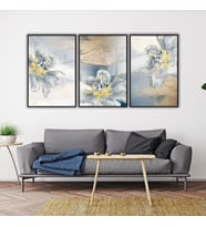 3'lü Metal Çerçeveli Cam Tablo Seti Modern Gri Sarı Çiçekler (Siyah)