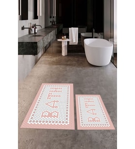 EVDEYA Dijital Baskılı Mozaik Desenli Bath Yazılı İkili Banyo Paspası Klozet Takımı, KLOZET-7-Kahve, (Pembe)