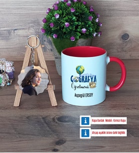 Coğrafya Öğretmeni Kupa Bardak Beyaz ve Fotoğraflı Ahşap Anahtarlık Hediye Öğretmenler Günü Hediyesi (Model 2)