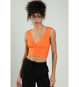 Sifu Tekstil Kadın Spor Atlet Fitilli Triko Büstiyer Crop Top Bluz SFYZ1012 (Turuncu)