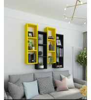 Kitaplık Modern Duvar Rafı Atlantik Çam Beyaz 4 Lü Takım (Siyah-Sarı)