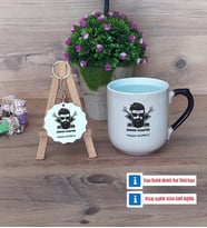 Erkek Kuaförü Kupa Bardak Kırmızı ve Ahşap Anahtarlık Hediye (Model 9)