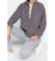 Tarz Regular Dik Yaka Düşük Kol Regular Peluş Örme Spor Sweatshirt (Gri)