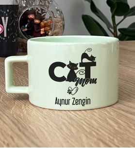 Kişiye Özel Cat Mom Hediye Pastel Fincan Kedi Annesi -5- (Yeşil)