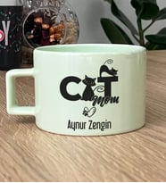 Kişiye Özel Cat Mom Hediye Pastel Fincan Kedi Annesi -5- (Yeşil)