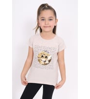 Toontoy Kız Çocuk Gülen Yüz Pullu Nakış Tişört (Kahve Melanj)