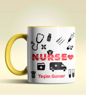 Kişiye Özel Nurse (Hemşire) 2 Tasarımlı Turuncu Kupa Bardak (Sarı)