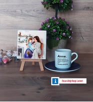 Anneye Hediye Fotoğraflı Dekoratif Taş, Ahşap Altlıklı Türk Kahvesi Fincanı Hediye (Model 4)