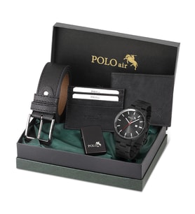 Polo Air Erkek Set Kombin Kemer Cüzdan Kartlık Çakmak Kol Saati Hediyelik Kutusunda Set PL-0964E (Siyah)