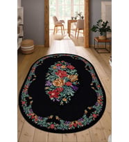Dijital Baskılı Kaymaz Taban Yıkanabilir Oval Salon Halısı Mutfak Halısı Yolluk NDO-HT-372 (Siyah)