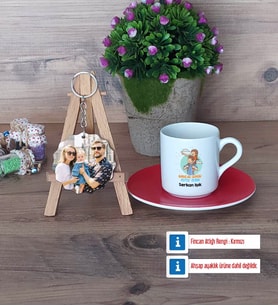 Babalar Günü Hediyesi Türk Kahvesi Fincanı Ahşap Altlıklı ve Fotoğraflı Ahşap Anahtarlık Hediye Babaya Hediye (Model 3)