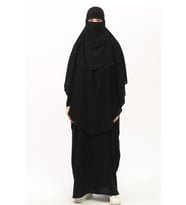 Sultanbaş Nikaplı Çarşaf Cilbab Khimar Abaya Kolu Lastikli Hakim Yaka Peçeli Ferace Medine İpek (Siyah)